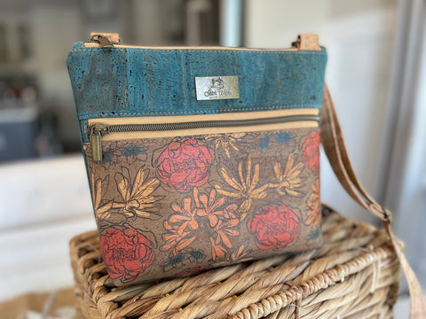 Essential Crossbody Cork Bag - Acqua with Ditzy Floral Accent