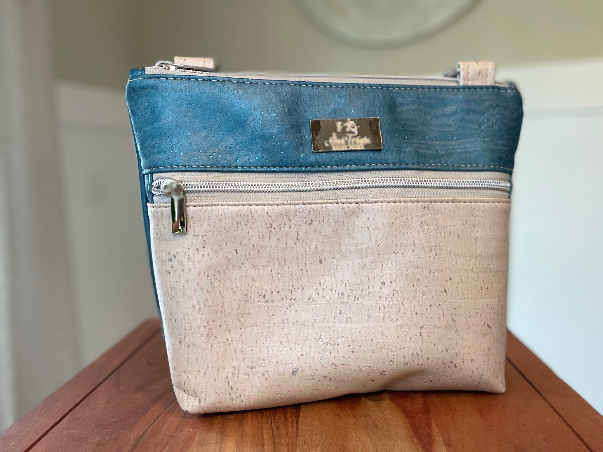 Essential Crossbody Cork Bag - Metallic Ocean Blue with Pearl Accent