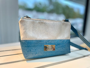 Minimalist Cork Crossbody Bag - Mediterranean Blue with Pearl Accent