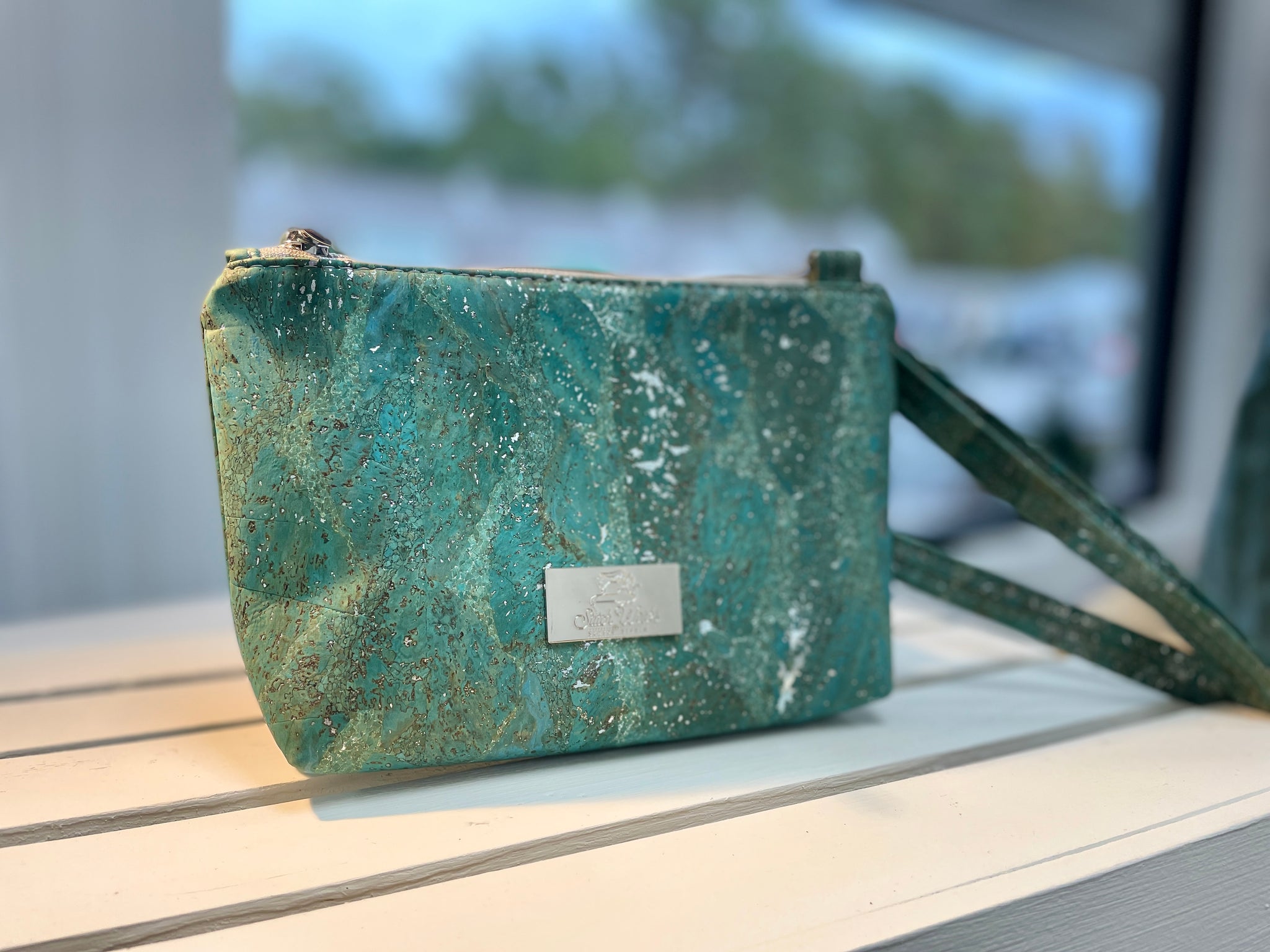 Minimalist Cork Crossbody Bag - Silver Teal Waves (Solid Front and Back)