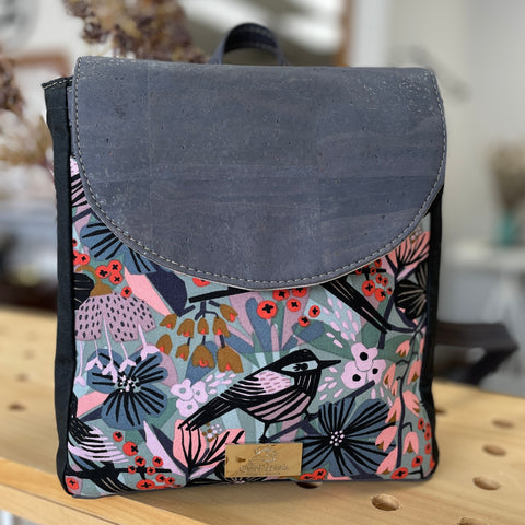 "The Elaine"  Mini Back Pack - Gray, Black and Pink Birds