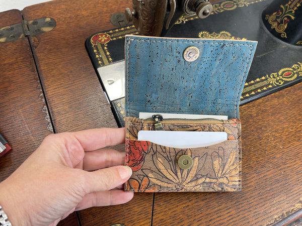 Minimalist Cork Wallet - Aqua and Ditzy Floral