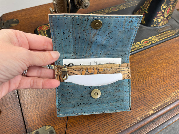 Minimalist Cork Wallet - Aqua and Ditzy Floral zippered compartment