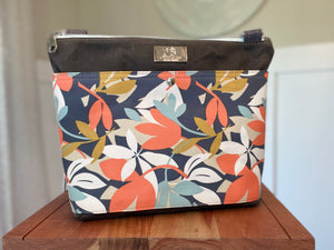Type A Bag - Gray Waxed Canvas with Tropical Minimalist Floral