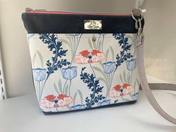 Type A Bag - Navy Blue Waxed Canvas with Blue and Peach Modern Floral Cotton Accent
