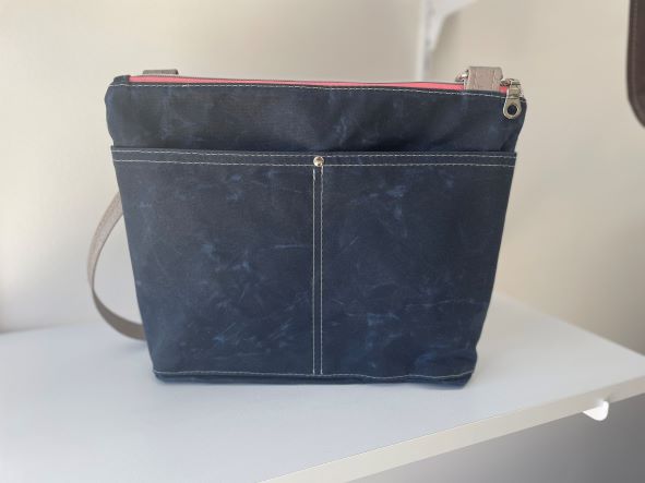 Type A Bag - Navy Blue Waxed Canvas with Blue and Peach Modern Floral Cotton Accent