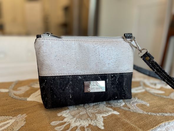 Minimalist Cork Crossbody Bag - Black and Silver Waves with Pearl Accent