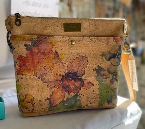 Type A All Cork Bag - Surface Cork with Watercolor Floral Cork Accent
