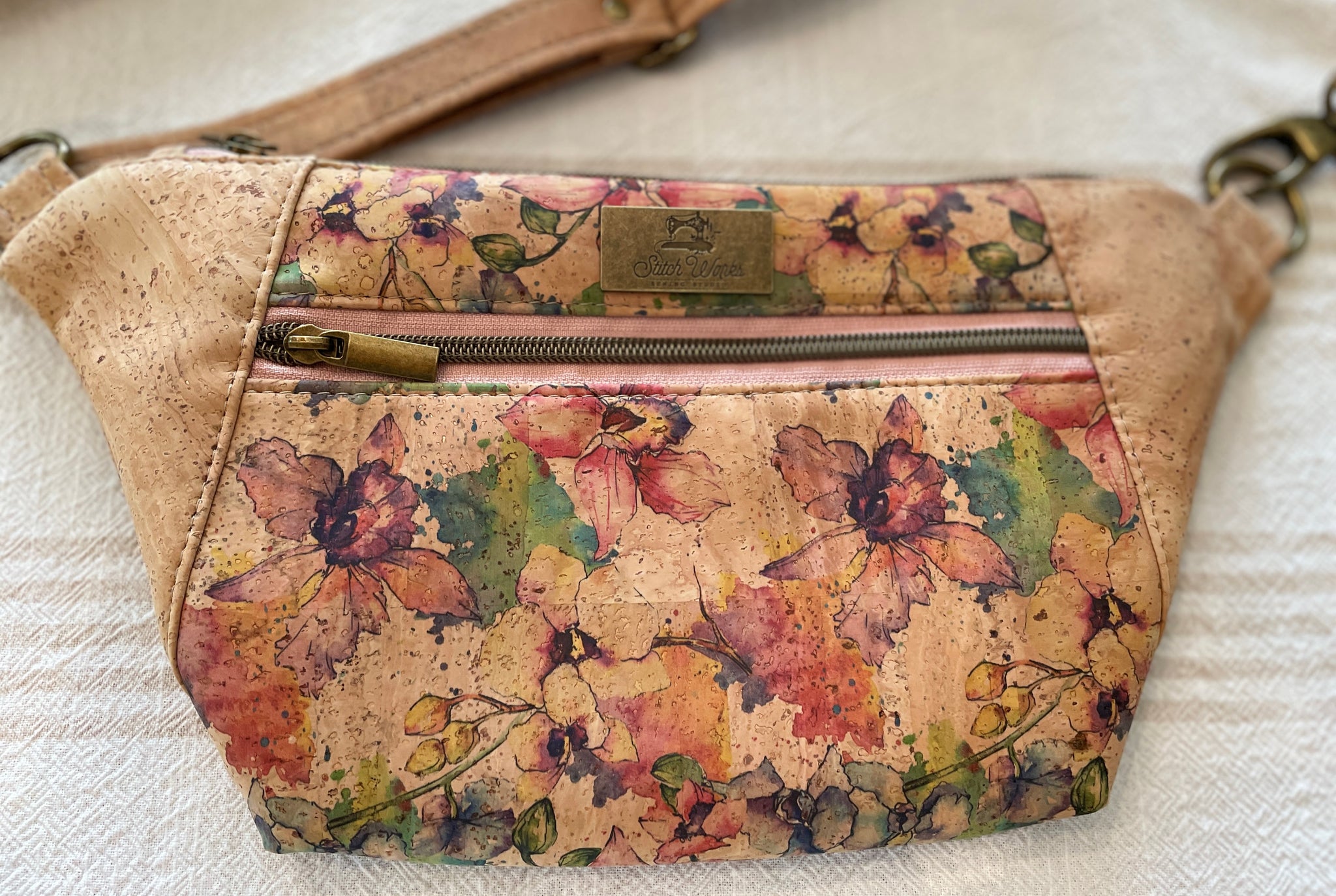 Cork Hip Sling Bag - Surface with Watercolor Floral Accent