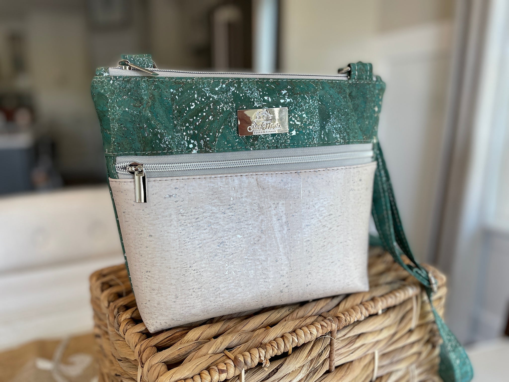 Essential Crossbody Cork Bag - Teal with Silver Waves with Pearl Accent